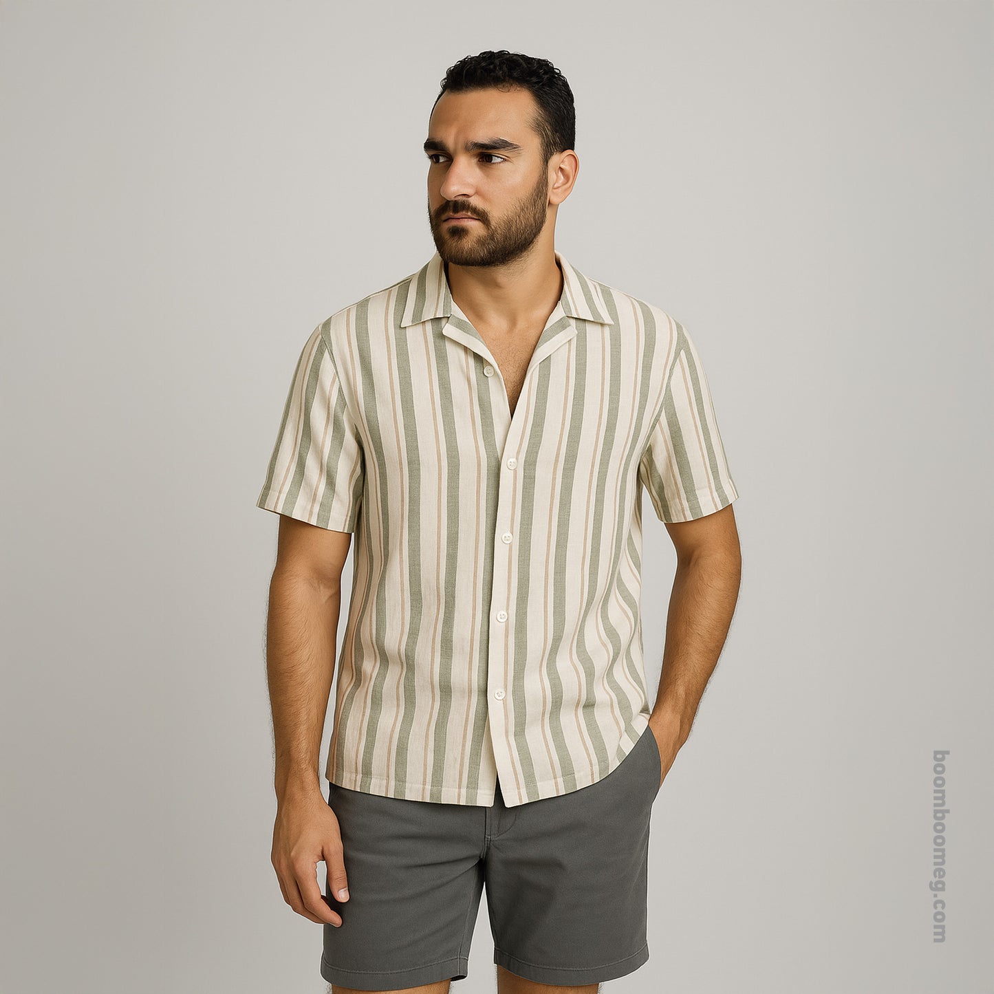 Men’s Slim Fit Striped Linen Shirt – 3 Colors | Short Sleeve | Soft Collar