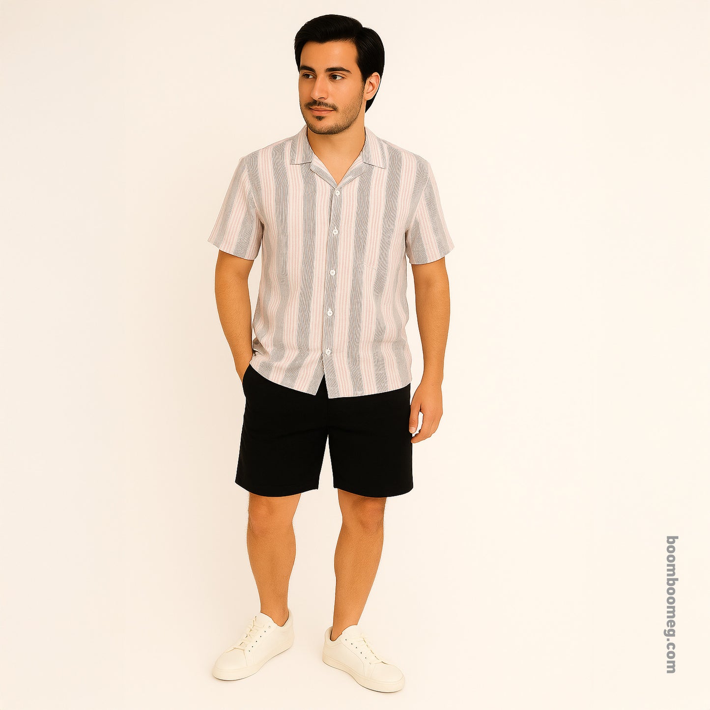 Men’s Slim Fit Striped Linen Shirt – 3 Colors | Short Sleeve | Soft Collar