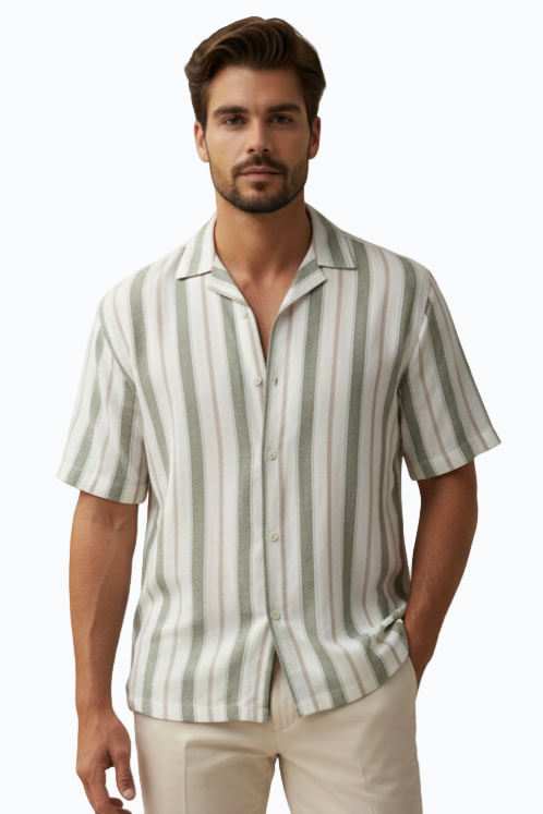 Men’s Slim Fit Striped Linen Shirt – 3 Colors | Short Sleeve | Soft Collar