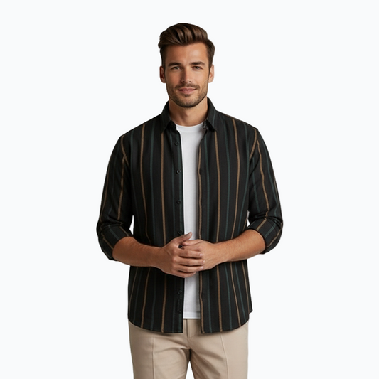 Men’s Lightweight Wool Blend Striped Shirt – Black & Brown