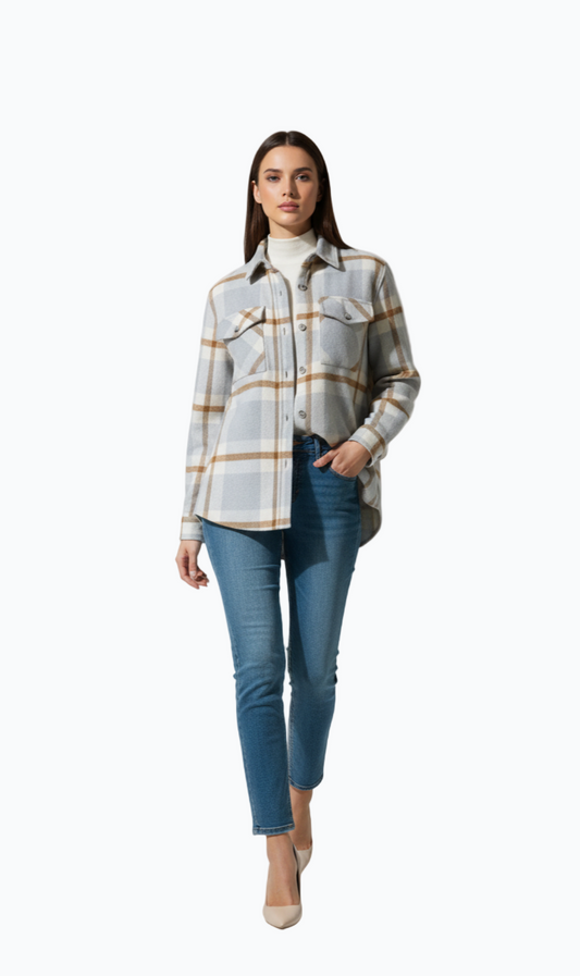 Women’s Wool Blend Checked Shacket – Grey & Beige