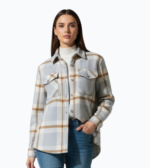 Women’s Wool Blend Checked Shacket – Grey & Beige
