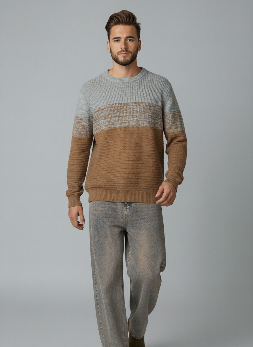 Soft cotton blend sweater with a relaxed modern fit.