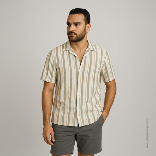 Men’s Slim Fit Striped Linen Shirt – 3 Colors | Short Sleeve | Soft Collar