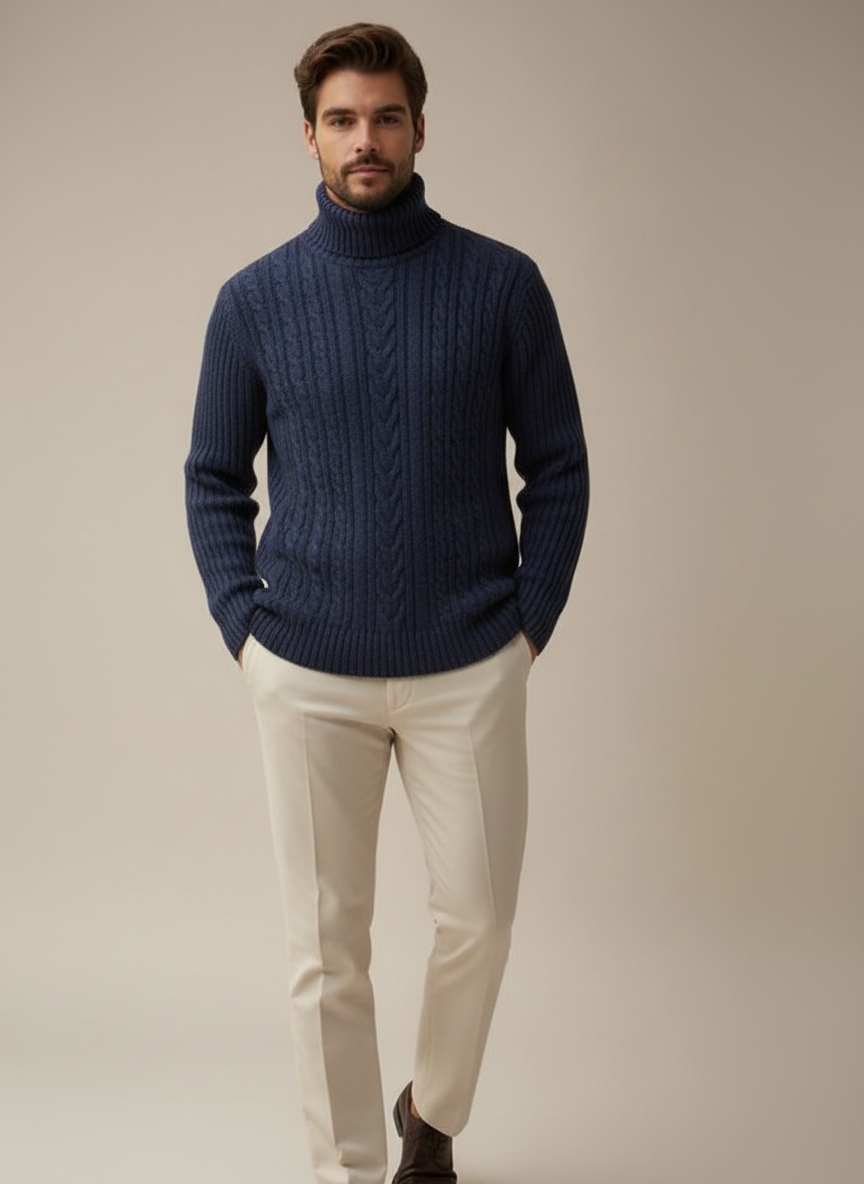 High Neck Cable Knit Wool Sweater – Navy Blue