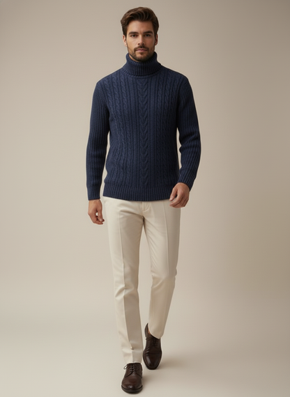 High Neck Cable Knit Wool Sweater – Navy Blue