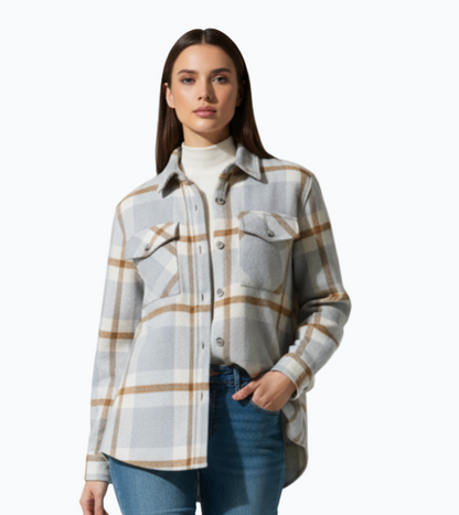 Women’s Wool Blend Checked Shacket – Grey & Beige