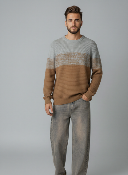Soft cotton blend sweater with a relaxed modern fit.
