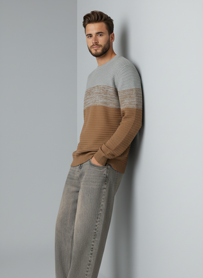 Soft cotton blend sweater with a relaxed modern fit.